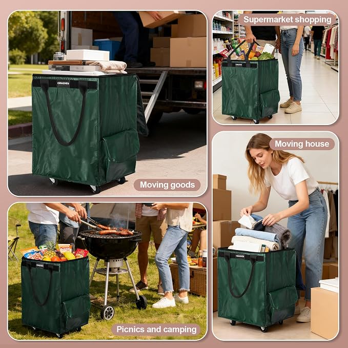 (Medium,Green) Reusable Grocery Bag on 4 Wheels, 70L Foldable Rolling Tote Bag with 3 Handles and Zipper, Rolling Shopping Cart for Groceries, Storage, Laundry, Travel, Organizer, 76lb