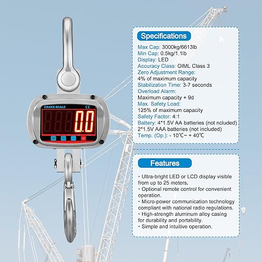 Hyindoor 3000kg 6600lb Crane Scale, 3T Digital Crane Scale with Remote Control, Temperature and Humidity Measuring Hanging Scale, Industrial Heavy Duty Electronic Scales Hoist Scales