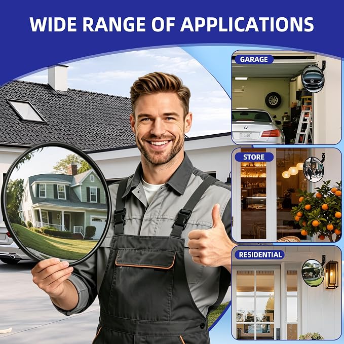 Shatterproof Acrylic Convex Mirror 12 Inch with LifetimeWarranty, Wide Angle Anti Theft Blind Spot Mirror with Wall Mount Kit for Garage Driveway and Store Safety, Outdoor Indoor