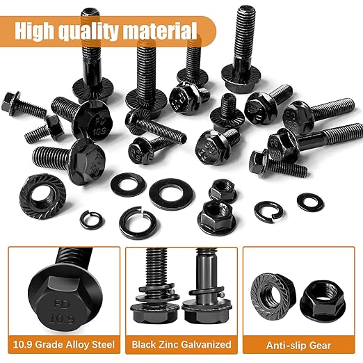 mankk 248PCS Metric Flange Hex Bolts and Nuts Kit M6x1.0 Bolt (12mm to 35mm) Grade 10.9 Black Alloy Steel Class Hex Bolts and Nuts Washers Kit for Automotive
