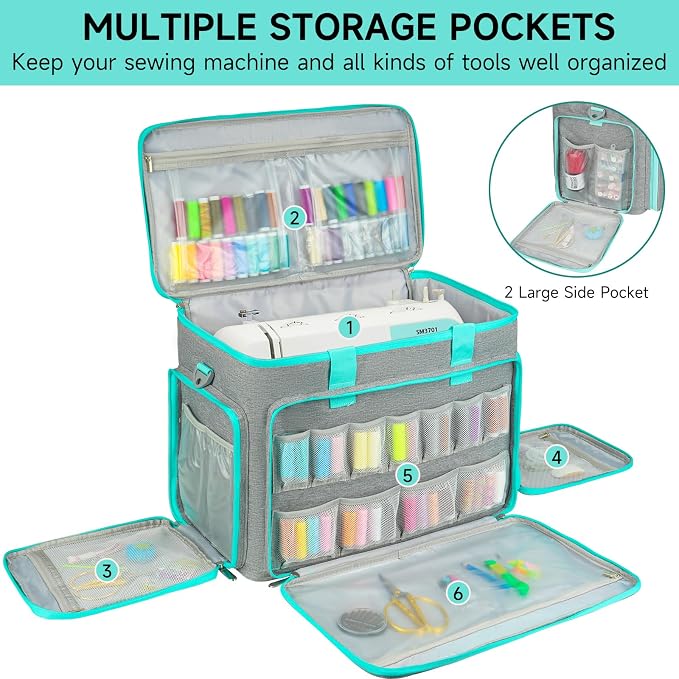 Sewing Machine Carrying Case Bag Compatible with Most Standard Singer,Brother,Janome with Multiple Storage Pockets,Travel Tote Bag with Shoulder Strap for Sewing Machine and Supplies(Grey/Green)
