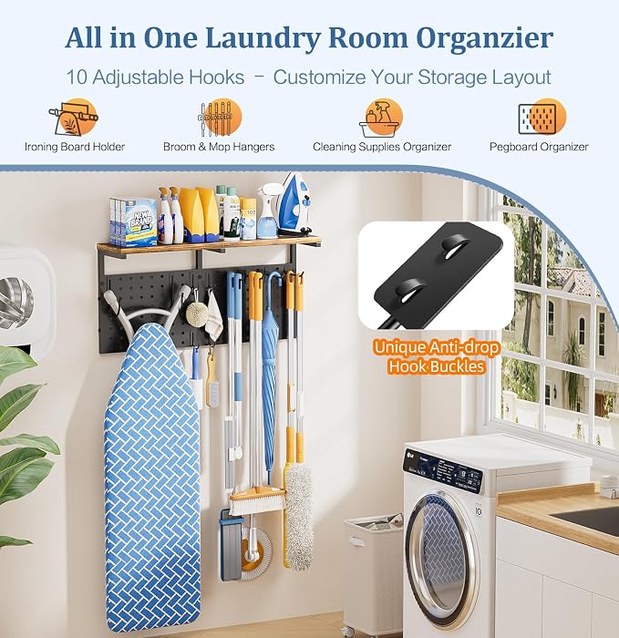 VINAEMO Wall Mounted Ironing Board Hanger with Pegboard and Yoga Mat Holder