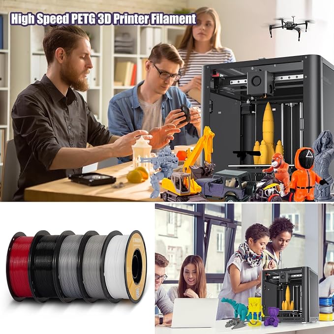 Kingroon 3D Printer Rapid PETG Filament 1.75mm,Dimensional Accuracy +/- 0.03 mm,1kg/Spool(2.2lbs),10 Spools PETG Filament Bundle-2×Black+1×White+1×Gray+1×Yellow+1×Silver+1×Brown+1×Red+1×Orange+1×Green
