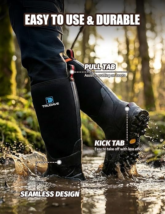 Trudave Rubber Boots for Men, Waterproof Rain Boots with Steel Shank & Reinforced Shell, 5mm Neoprene Insulated Knee Mud Boots for Outdoor Work Hunting Farming Fishing
