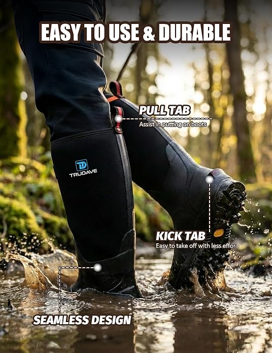 Trudave Rubber Boots for Men, Waterproof Rain Boots with Steel Shank & Reinforced Shell, 5mm Neoprene Insulated Knee Mud Boots for Outdoor Work Hunting Farming Fishing