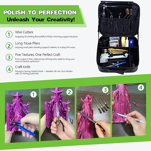 3D Printing Tool Kit with Storage Bag – 3D Printer Tools Features a deburring Tool,Surface Smoothing,and Scraper for Model cleanup,Wire Cutter,and Precise Drilling.