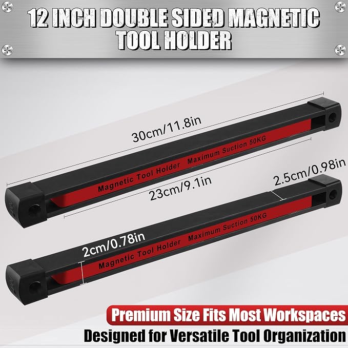 Double Sided Magnetic Tool Holder, 12 Inch Heavy Duty Ultra Strong Magnetic Tool Bar, Wall Mount Magnetic Tool Strip for Garage, Workshop, Jobsite, Kitchen, Tool Organizer Storage (2 Pack)