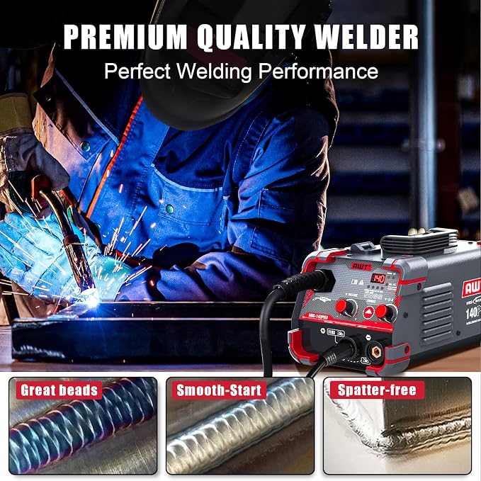 AWT 140Amp MIG Welder Flux Core MIG Welder/Stick/Lift TIG 3 in 1 Welding Machine, Welder Machine 110V-Synergy IGBT Inverter, Portable Gasless Welder Equipment with Welding Helmet