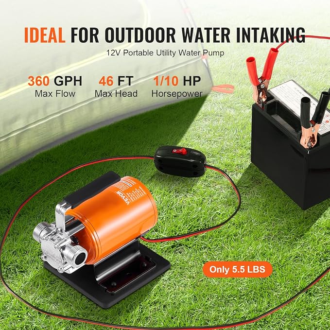 VEVOR Water Transfer Pump 12V, Battery Powered Utility Pump 360 GPH, 1/10HP Portable Electric Water Pump with Switch, 6 ft Suction Hose Kit, For Water Removal, Nonsubmersible