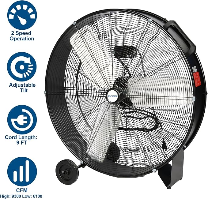 BILT HARD 30" High Velocity Drum Fan, 2-Speed 9300 CFM Heavy Duty Industrial Shop Fan for Workshop, Garage, Warehouse, Commercial & Basement, UL Listed