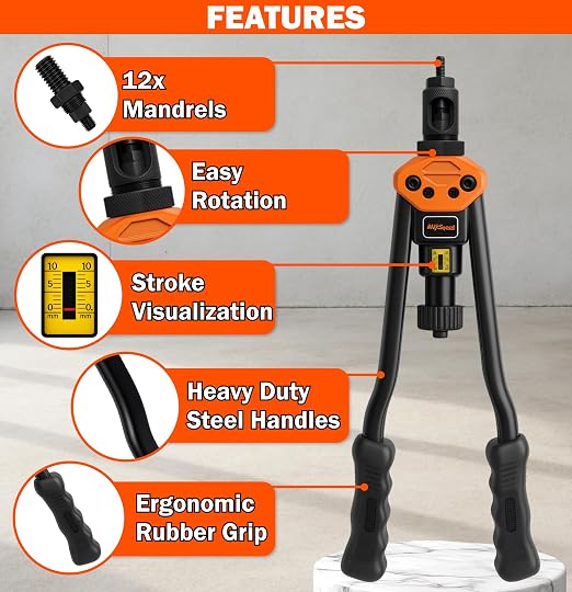 AV Steel Rivet Nut Tool Kit, 16-Inch Rivet Gun Including 12 Upgraded Interchangeable Mandrels & 200Pcs Nuts, Hand Riveter Labor-Saving and Compact Design,Thread Insert Riveter with Rugged Carry Case