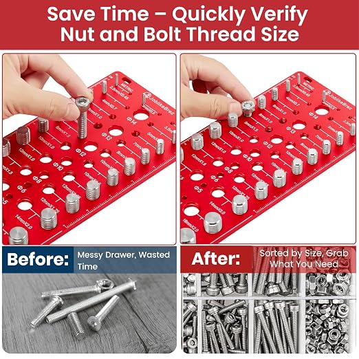 Thread Checker, 70 Nut and Bolt Thread Checker, 25 Standard & 25 Metric & 20 Drill Bit Gauge, Bolt Size Finder, Wall-Mountable Bolt Thread Identifier Gauge with Inch & CM Ruler
