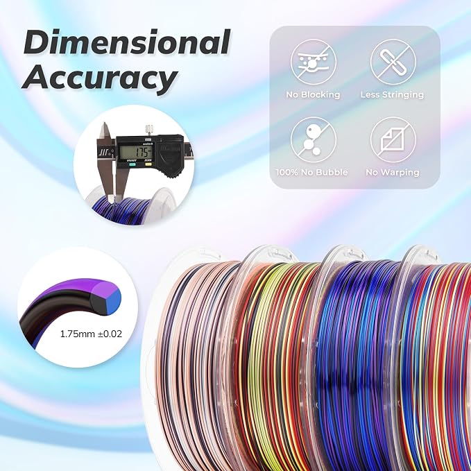AMOLEN Silk PLA 3D Printer Filament Bundle, Multicolor Rainbow Filament 1.75mm Pack, Fast Color Change 3D Printing Filament for Most FDM 3D Printer, 1kg X 4 Spools