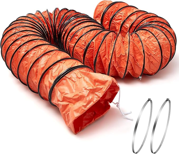 Pangda 1 Pack 25ft Duct Hosing PVC Flexible Ducting Hose 12 Inch HVAC Duct Hosing Flame Retardant with Stainless Steel Air Ducting Clamps Adjustable Hose Clamps for Utility Blower, Orange
