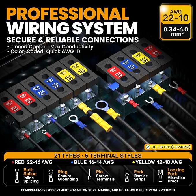 SOMELINE Wire Connectors Kit with Crimping Tool, 21 Types (UL Listed) Premium Insulated Electrical Terminals Assortment, 22-10 AWG Ratchet Wire Crimper - Ring, Fork, Butt, Pin Connectors (147 Pcs)
