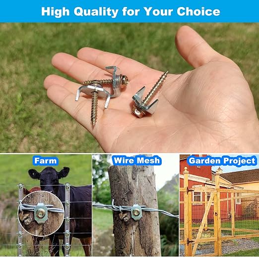 100 Pcs Fencing Fasteners Post Screw with Wire Fixer, Fence Staple for Wire Mesh and Woven Fencing, Quickly Install in Wood with Power Drill