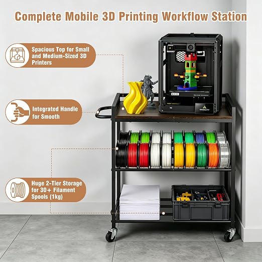 facka 3D Printer Stand with Filament Storage, 3-Tier 3D Printer Desk Table | Wood Shelves, Wheels and Foot Pads, Compact Printer Shelf for Small to Medium Printers, Tools, PLA and Resin Storage