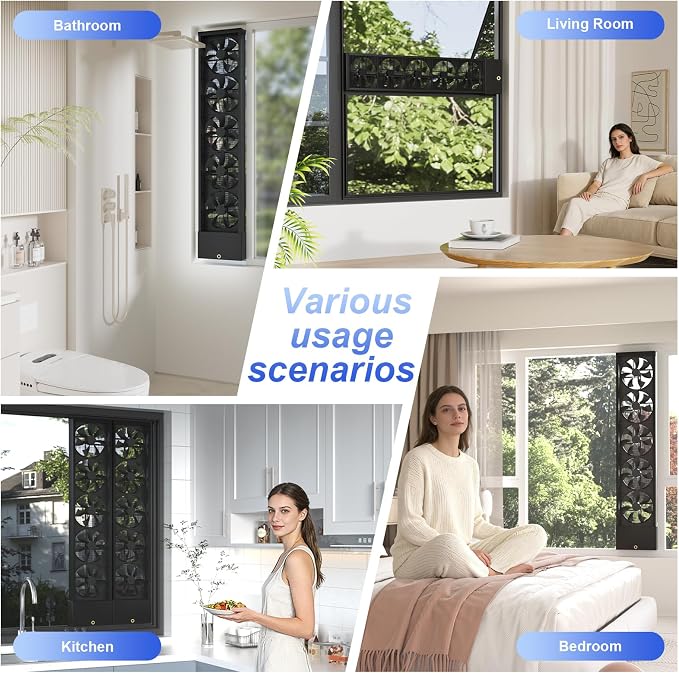 Vertical Window Fan for Sliding Windows (Black, 45~50cm/17.8~19.7in) | No Drilling Required Installation, Adjustable Wind Speed, 1.97 IN Retractable, for Bedroom Bathroom Kitchen Office