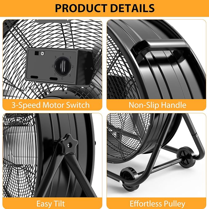 Garvee 24 in Industrial Floor Fan, 3 Speed High Velocity Drum Fan, Heavy Duty Metal Floor Fan Barrel Fan for Commercial, Workshop, Patio, Warehouse, Factory, Garage