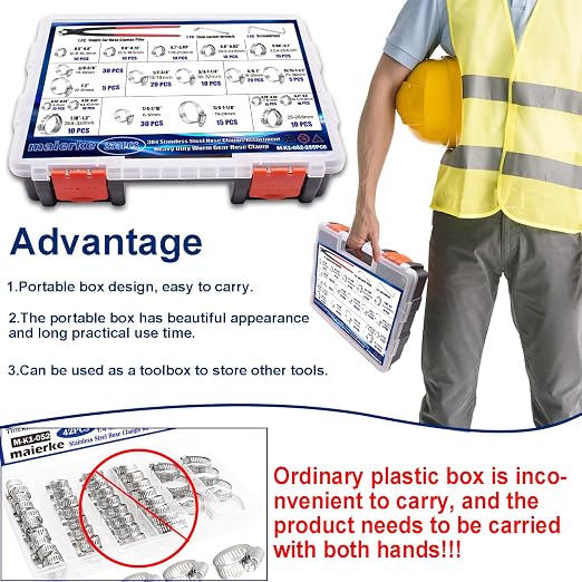 255PCS Hose Clamp Assortment 304 Stainless Steel Hose Clamp Kit,8 Sizes 1/4"-2"(6-51mm) Worm Gear Hose Clamps and 11 Sizes 0.24''-1.3''(6-33.1mm) Single Ear Hose Clamps Kit for Pipe Hose