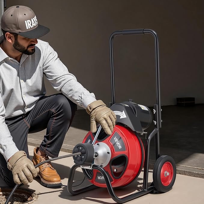 VEVOR Drain Cleaner Machine 100 FT x 1/2 Inch, Auto Feed Sewer Snake Auger on Wheels, Portable Drain Cleaning Machine with 4 Cutters & Air-activated Foot Switch for 2" to 6" Pipes