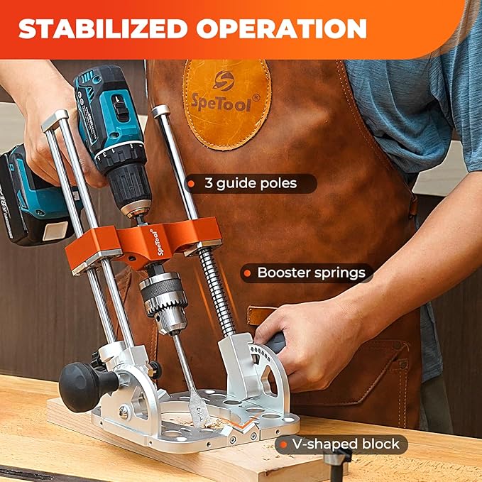 SpeTool S04001 Portable Drill Guide with Liner Ball Bearings Guide Poles, 1/2” Chuck Portable Drill Press Adapter for Hand Drill Adjustable from 0-60°, Multi Angle Drill Guide for Straight Holes