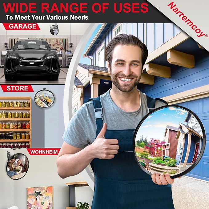 12 Inch Acrylic Convex Mirror with Rain Shield, Adjustable Wide Angle Security Mirror for Indoor Outdoor, Blind Spot for Garage, Warehouse, Driveway, Office Safety