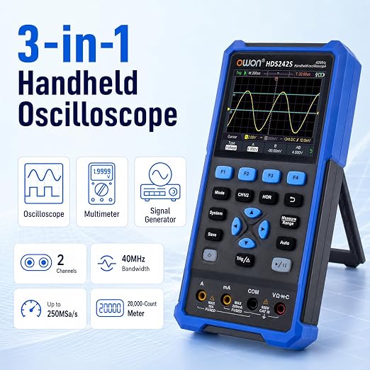 HDS242S Oscilloscope, 2 in 1 Dual Channel 40MHz Bandwidth Handheld Oscilloscope Multiumeter with Waveform Generator for Automatic Measurements, Electronic Measurement 3.5 inch LCD