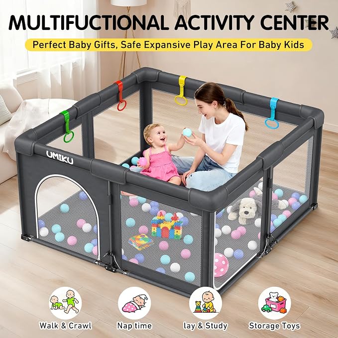 Baby Playpen Foldable Playpen for Babies and Toddlers, Large Playpens Portable Play Pen Play Yard for Kids Fence Indoor Outdoor Travel 4 Handlers 50 Balls Baby Gifts Essentials 50"X50" Dark Grey