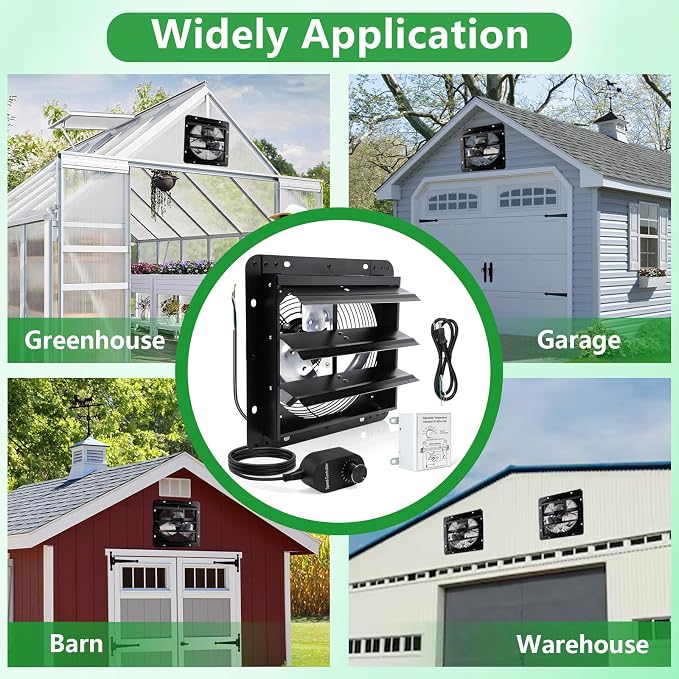 Shutter Exhaust Fan with Thermostat & Speed Control, 576 CFM,1700RPM, Upgrade 7 inch Wall Mount Attic Vent Fan for Chicken Coops, Greenhouse, Barn, Garage, Shed Ventilator