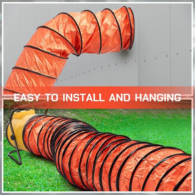 Pangda 1 Pack 25ft Duct Hosing PVC Flexible Ducting Hose 12 Inch HVAC Duct Hosing Flame Retardant with Stainless Steel Air Ducting Clamps Adjustable Hose Clamps for Utility Blower, Orange