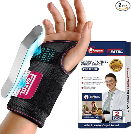 FEATOL 2 Pack Carpal Tunnel Wrist Brace For Work With Wrist Splint, 6.5'' Wrist Brace Night Support For Women Men, Pain Relief For Tendonitis, Arthritis, Pregnancy, Typing, Right and Left Hand, Small