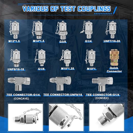 Hydraulic Pressure Gauge Test Kit, 4 Pressure Gauges, 4 Test Hoses, 10 Couplings, 3 Tee Connectors for Excavator Construction Machinery(Gold)