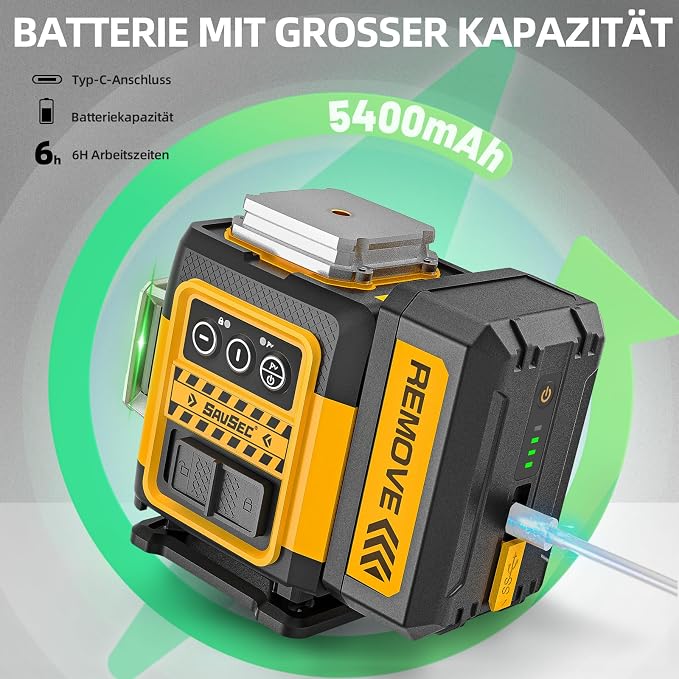 Laser Level 360 Self Leveling, 3 x 360 Self-Leveling Cross Line Laser 3D Green Laser Level for Construction and Picture Hanging, Rechargeable Li-ion battery, Hard Carry Case Included SZ03DG