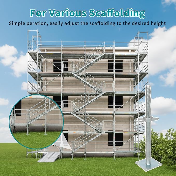 18" Adjustable Scaffolding Leaveling Jack, Galvanized Steel Soild Screw Jack with Base Plate, 4 Pack