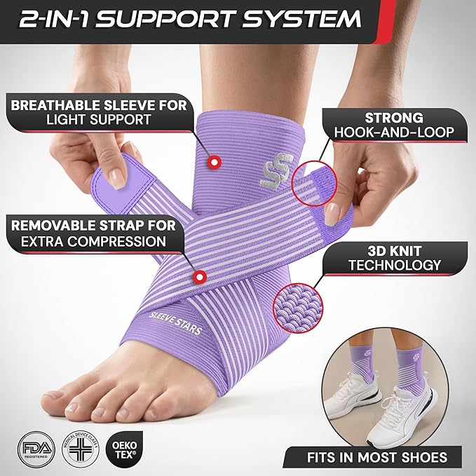 Sleeve Stars Ankle Brace for Women & Men, Ankle Wrap for Sprained Ankle, Compression Sleeve for Plantar Fasciitis Relief, Easy Customizable Support: w/Removable Strap (Single/M:10"-12"/Light Purple)