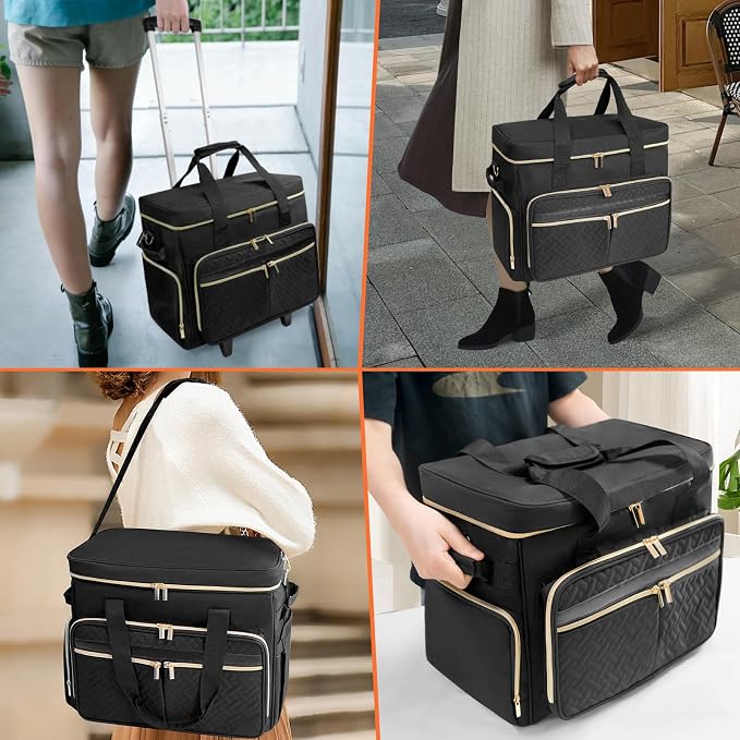 ORKELS Rolling Teacher Bag with Removable Trolley, Wheeled Teacher Tote for 17.3 Inch Laptop, Large Rolling Work Bag with Organized Storage for Books, Files, Lesson Plans & Classroom Supplies, Black