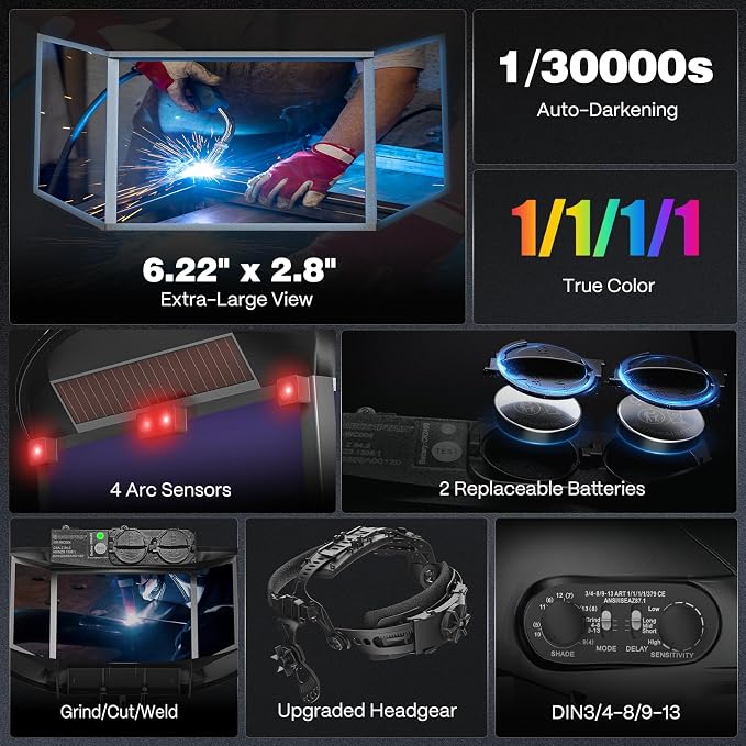 ARCCAPTAIN Auto Darkening Welding Helmet with Panoramic Side View, 6.22" x 2.8" Extra-Large Viewing Screen, 1/1/1/1 True Color Welding Hood, 4 Arc Sensors, Shade 3/4-8/9-13 for TIG/MIG/ARC/Cut/Grind