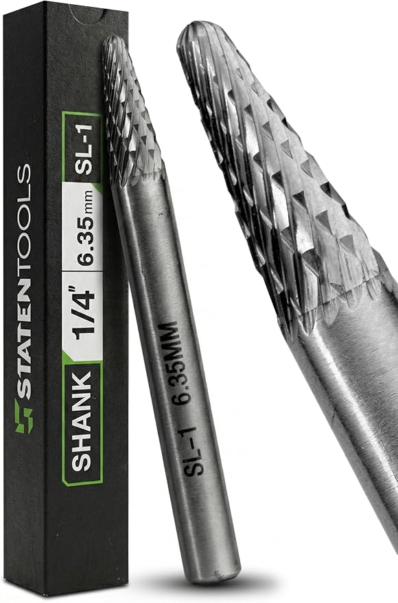 Carbide Burr SL-1 6.35mm (1/4") Shank – 1 Pc Double Cut Die Grinder Bits for Milling, Carving, Engraving, Deburring, Drilling, Hard Wood and Metals – Tungsten Carbide Drill Bit Set for Rotary Tools
