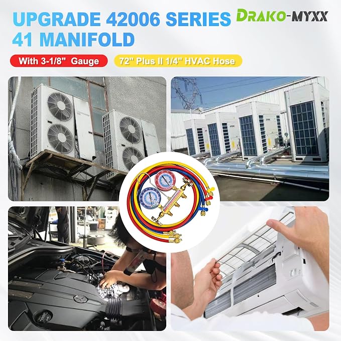 2026 Upgrade 42006 Test and Charge Manifold Set with 3-1/8" (80 mm) Gauge, for R-22/134A/404A, 1/4" to 1/4" Standard Flare Fittings with 72"(6Ft), Hvac Gauges with Colored Label and Hoses Set