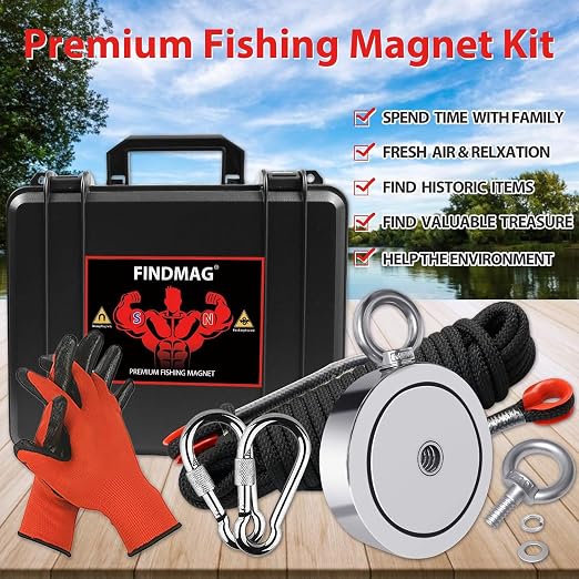 2625 lbs Fish Magnets Kit, Double Sided Magnet Fishing Kit with Rope, Super Strong Fishing Magnet for Retrieving Items in River, Lake, Beach, Lawn, 4.57" Diameter