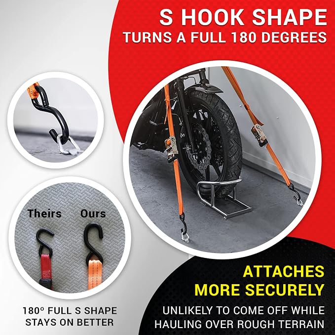Badass Moto Ratchet Straps Tie Down, 1.5 in X 10 Ft, 3300Lb Break Strength. 4 pk.