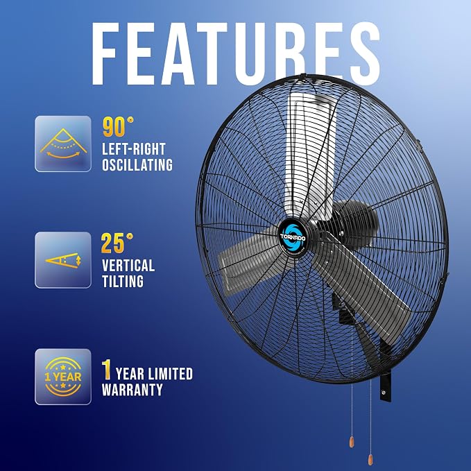 Tornado Pro Series High Velocity Wall Mount Fan 30 Inch, Oscillating Fan For Commercial, Industrial Use 3 Speed 8850 CFM 6.6 FT Cord UL Safety Listed, Black