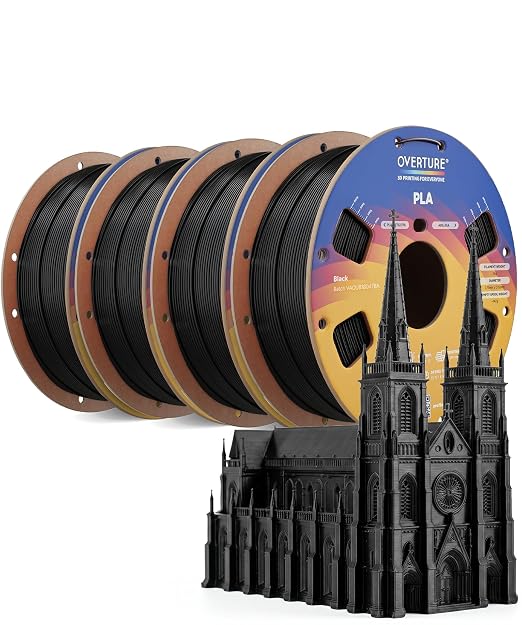 OVERTURE 4KG Bundle High Speed PLA Filament 1.75mm, Neatly Wound 3D Printer Filament 4 Pack 1kg Spool (2.2lbs) Rapid PLA, Fit Most FDM 3D Printers (Black 4-Pack)