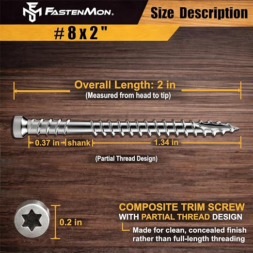 Composite Trim Screws, #8 x 2” Stainless Steel 304, 450pcs | Hidden Fastener For PVC & Wood, Outdoor Deck, Exterior & Finish Fasteners, Rust-Resistant, T-10 Star Drive, 2.5lbs
