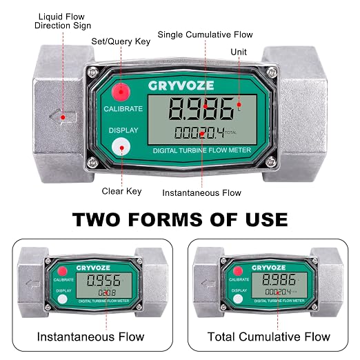1.5 Inch NPT Fuel Flow Meter, 10.5-74 GPM 1-1/2" Inline Digital Turbine Flowmeter with LCD Display for Water, Diesel, Gas Oil, Gasoline, and Other Liquids - Supports Gallon, QTS, PTS, L, m³