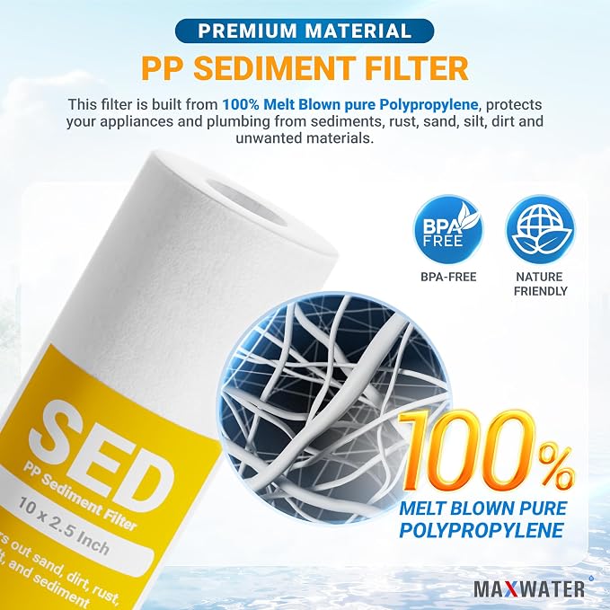 Max Water 10 inch x 2.5 inch, 1 Micron Replacement Sediment Water Filter Cartridge for Whole House, Melt Blown Filtration Fiber for Heavy Duty (Pack of 4)