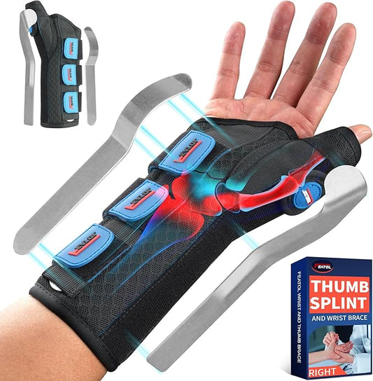 FEATOL Carpal Tunnel Wrist Brace Night Support, Thumb Spica Splint Right Hand for De Quervains Tenosynovitis, Tendonitis, Thumb Brace for Women Men, Black Blue, Small/Medium