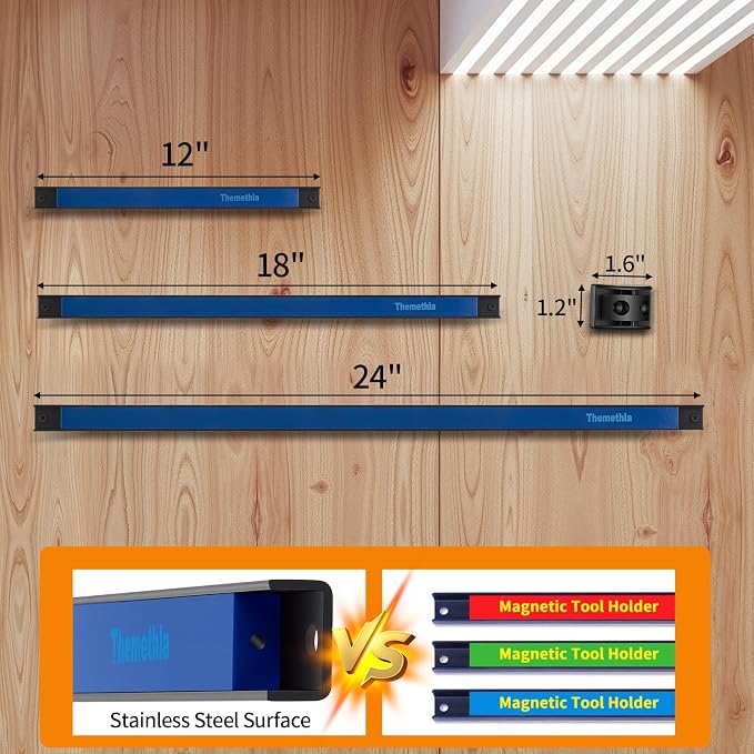 24" Magnetic Tool Holder Strip, 6 Pieces Blue Metal Tool Organizer Rack with Stainless Steel Surface, Magnet Bar for Garage Workshop, Easy To Install with Mounting Screws