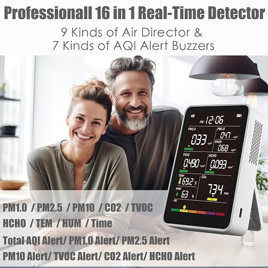 Professional Indoor Air Quality Monitor with AQI Alerts, Portable Real-Time Detector for Home, Car, Plants & Pet (Pearl White)